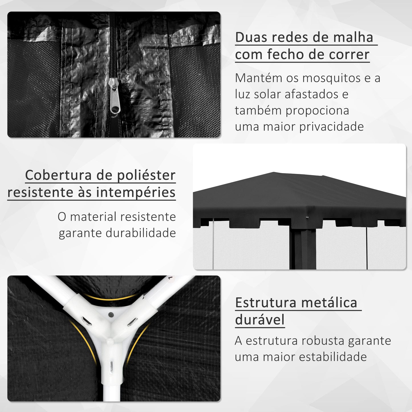 Outsunny Tenda de Jardim 4x3 m Tenda Dobrável de Exterior com 4 Mosqueteiras Laterais 2 Portas com Fecho de Correr e 8 Orifícios de Drenagem para Pátio Praia Cinza