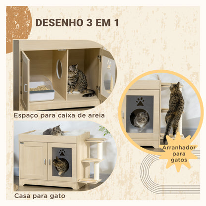 PawHut Caixa de Areia para Gatos de Madeira com 2 Portas Móvel para Caixa de Areia com Cama Almofada Suave 3 Plataformas e Postes de Sisal 107x54x70cm Carvalho