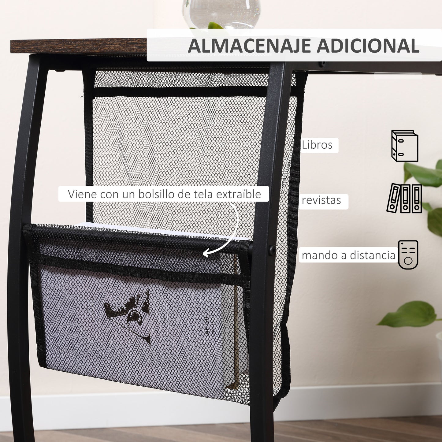 HOMCOM Mesa Auxiliar para Sofá e Cama em Forma de C com Bolso de Armazenamento Mesa Lateral de Estilo Industrial 53x35x64,5cm Marrom Rústico