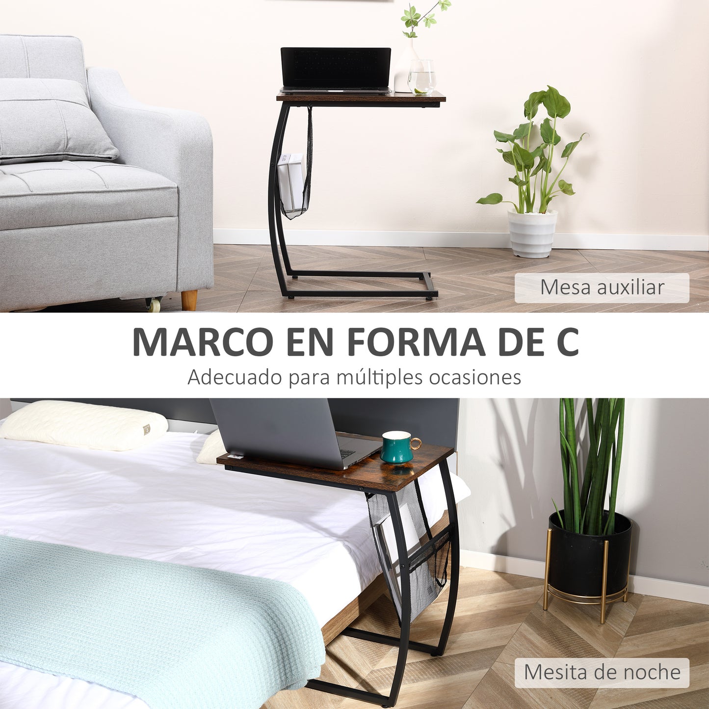 HOMCOM Mesa Auxiliar para Sofá e Cama em Forma de C com Bolso de Armazenamento Mesa Lateral de Estilo Industrial 53x35x64,5cm Marrom Rústico