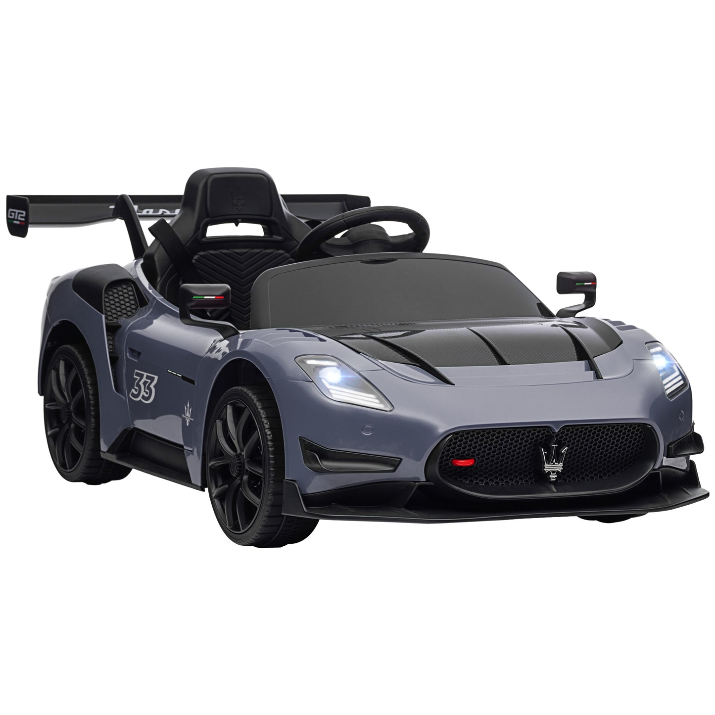 AIYAPLAY Carro Elétrico para Crianças acima de 3 Anos Carro Maserati GT2 Carro Elétrico a Bateria 12V Carro Elétrico para Crianças com Controlo Remoto Faróis LED Buzina Música e Rodas Auxiliares 115x60x45 cm Cinza