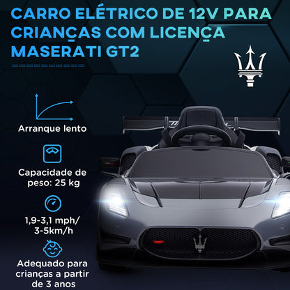 AIYAPLAY Carro Elétrico para Crianças acima de 3 Anos Carro Maserati GT2 Carro Elétrico a Bateria 12V Carro Elétrico para Crianças com Controlo Remoto Faróis LED Buzina Música e Rodas Auxiliares 115x60x45 cm Cinza