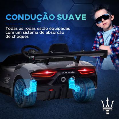 AIYAPLAY Carro Elétrico para Crianças acima de 3 Anos Carro Maserati GT2 Carro Elétrico a Bateria 12V Carro Elétrico para Crianças com Controlo Remoto Faróis LED Buzina Música e Rodas Auxiliares 115x60x45 cm Cinza