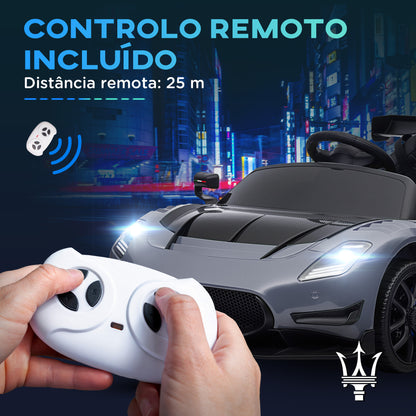 AIYAPLAY Carro Elétrico para Crianças acima de 3 Anos Carro Maserati GT2 Carro Elétrico a Bateria 12V Carro Elétrico para Crianças com Controlo Remoto Faróis LED Buzina Música e Rodas Auxiliares 115x60x45 cm Cinza