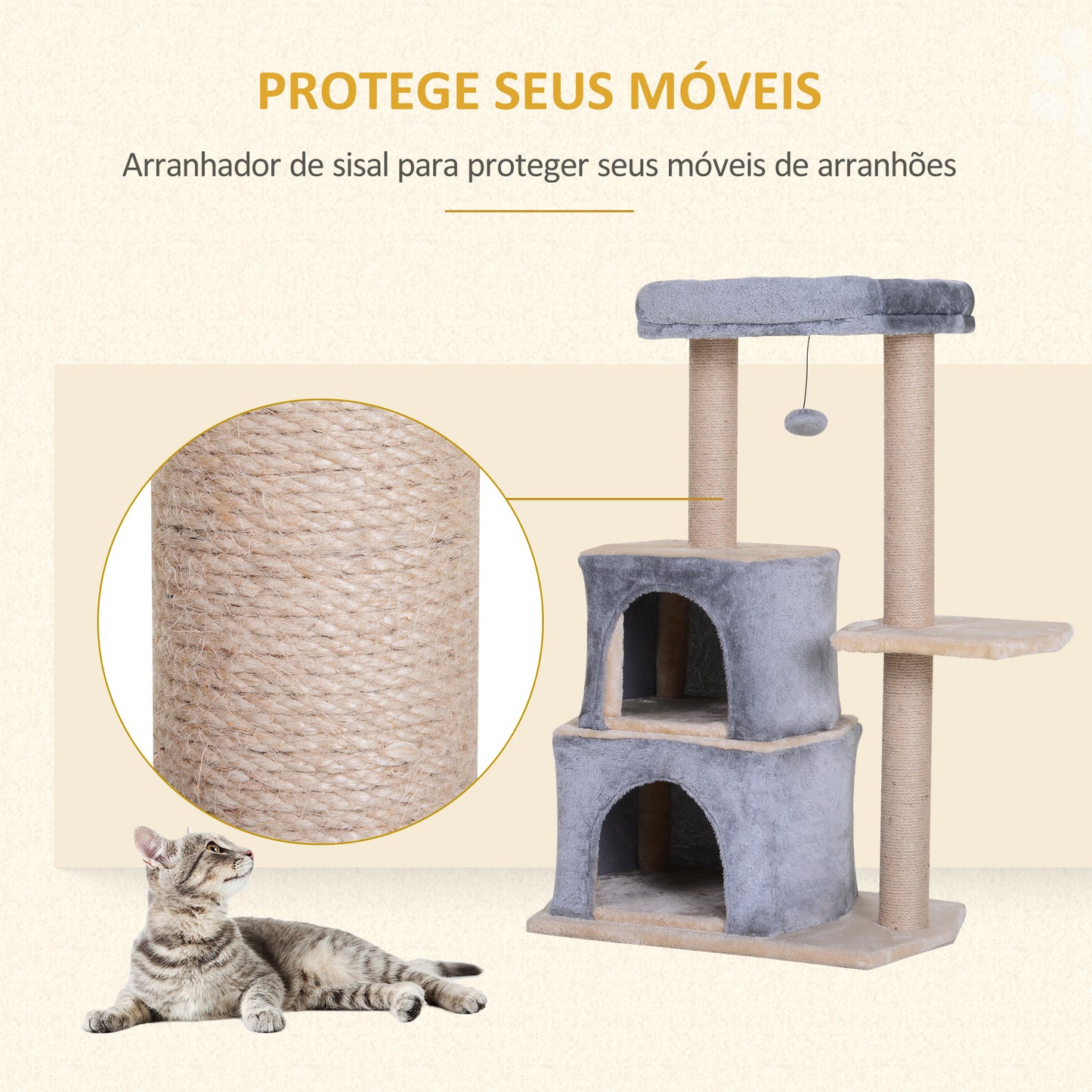 PawHut Arranhador para Gatos Árvore Arranhador para Gatos com 2 Casas Plataformas Brinquedo Suspenso e Postes de Arranhar de Sisal 60x40x92cm Cinza