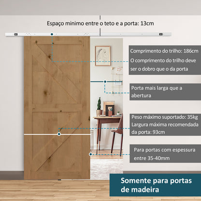 HOMCOM Ferragem para Porta Corredeira 186cm Kit de Acessórios para Porta Corredeira de Madeira com Trilho de Metal e 2 Roldanas Prata