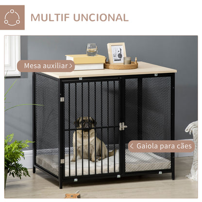 PawHut Gaiola para Cães com Bancada Mesa Auxiliar Gaiola para Cães com Porta Fechadura Almofada de Tecido Oxford Lavável e Grades de Aço para Interior 80x55x71cm Carvalho e Preto