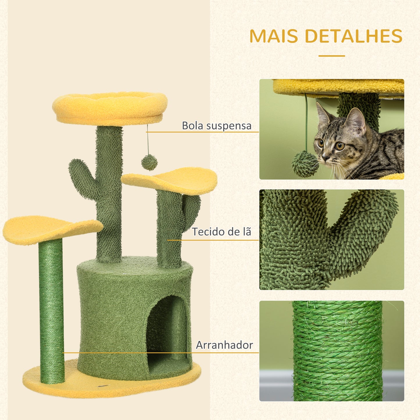 PawHut Árvore Arranhador para Gatos em Forma de Cacto Altura 83cm Torre para Gatos com Cama Casa de Pelúcia Plataformas Postes de Sisal e Bolsa Suspensa 54x39x83cm Amarelo e Verde