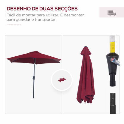 Outsunny Chapéu de Sol de Jardim Ø270x235cm Chapéu de Sol de Alumínio Reclinável com Manivela e 6 Hastes para Terraço Exterior Balcão Vermelho Escuro