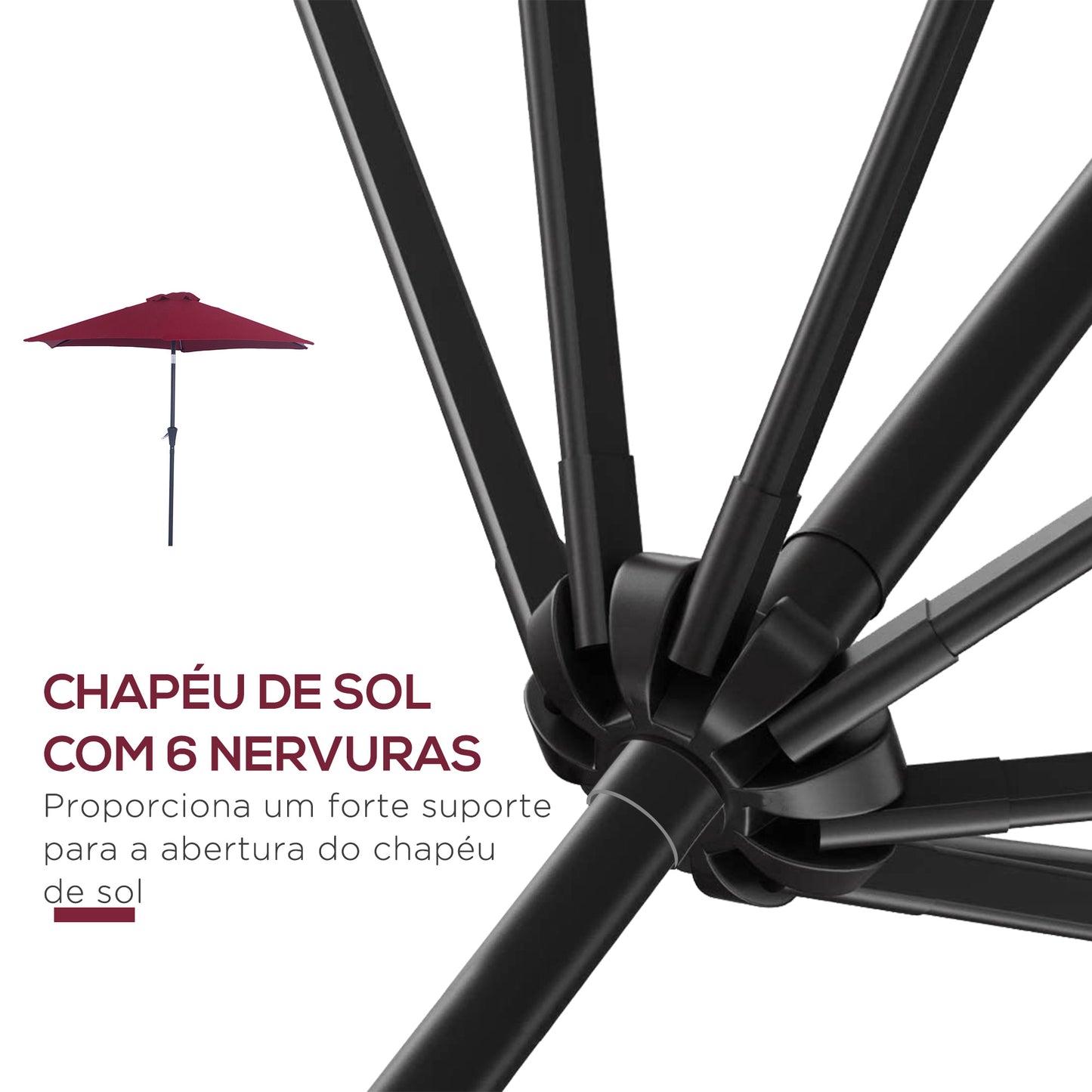 Outsunny Chapéu de Sol de Jardim Ø270x235cm Chapéu de Sol de Alumínio Reclinável com Manivela e 6 Hastes para Terraço Exterior Balcão Vermelho Escuro