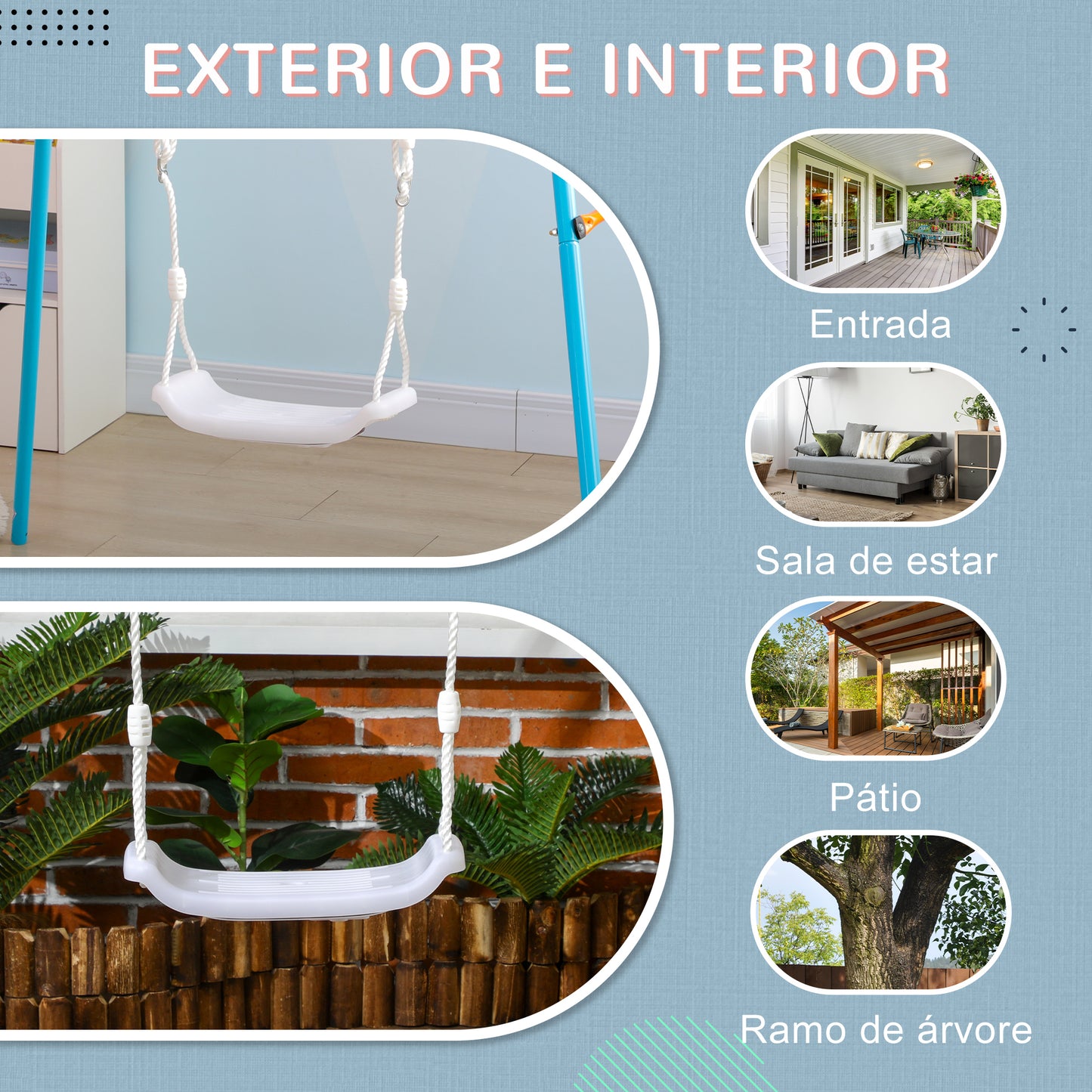 Outsunny Baloiço para Crianças de 3-6 Anos com Luzes LED Baloiço Infantil com Altura do Assento Ajustável para Interior e Exterior 39x16,5x120-180 cm Branco