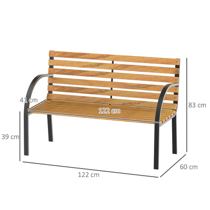 Outsunny Banco de jardim 2 lugares com encosto e apoios de braços Ripas de madeira e estrutura de aço Carga 230 kg 122x60x80 cm Cor natural e preto