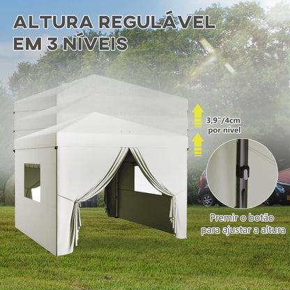 Outsunny Tenda Dobrável 3x3 m Tenda de Jardim com 4 Paredes Laterais 2 Janelas de Malha Altura Ajustável Bolsa de Transporte Impermeável e Anti-UV para Campismo Festas Branco