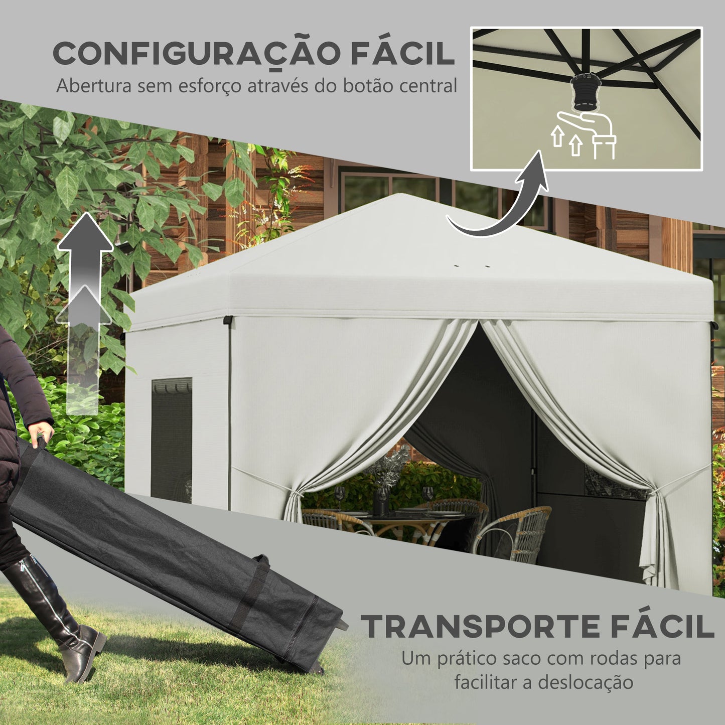 Outsunny Tenda Dobrável 3x3 m Tenda de Jardim com 4 Paredes Laterais 2 Janelas de Malha Altura Ajustável Bolsa de Transporte Impermeável e Anti-UV para Campismo Festas Branco