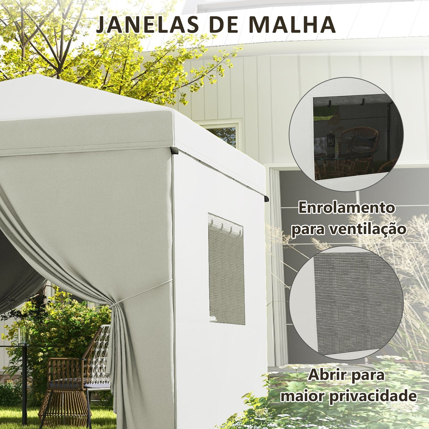 Outsunny Tenda Dobrável 3x3 m Tenda de Jardim com 4 Paredes Laterais 2 Janelas de Malha Altura Ajustável Bolsa de Transporte Impermeável e Anti-UV para Campismo Festas Branco