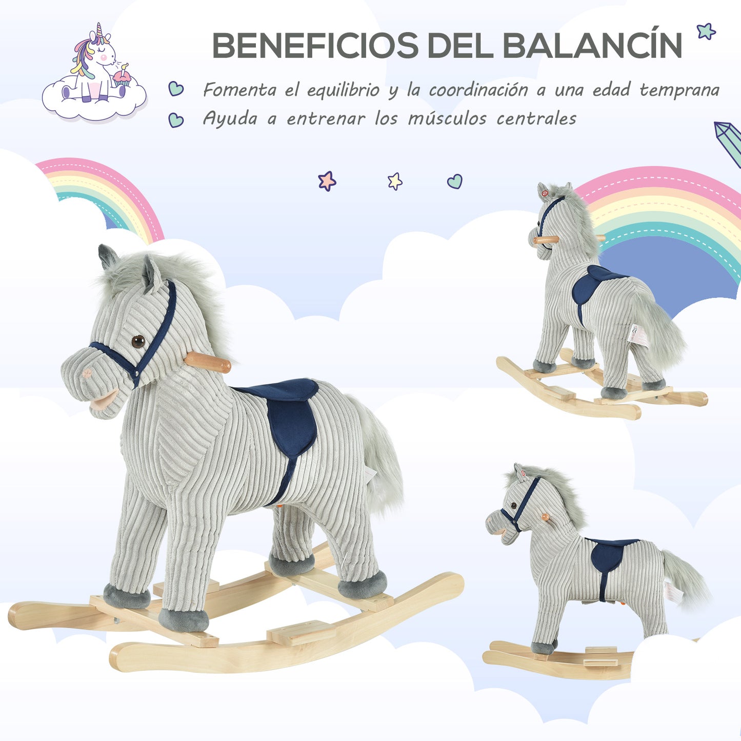 HOMCOM Baloiço Infantil de Cavalo para Crianças acima de 3 Anos Baloiço de Pelúcia com Sons de Relinchos e Galopes e Base de Madeira 73x35x64cm Azul e Cinza