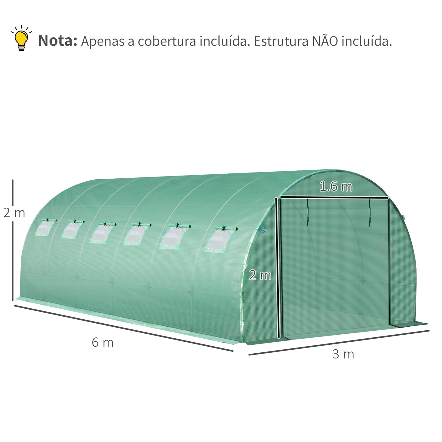 Outsunny Cobertura de Estufa de Túnel 6x3x2m Cobertura de Substituição de Estufa Polietileno com 12 Janelas e Portas Enroláveis Proteção de Plantas para Jardim Verde