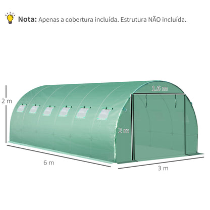 Outsunny Cobertura de Estufa de Túnel 6x3x2m Cobertura de Substituição de Estufa Polietileno com 12 Janelas e Portas Enroláveis Proteção de Plantas para Jardim Verde