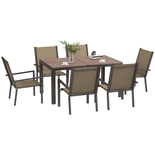 Outsunny Conjunto de Refeição de Exterior de 7 Peças Conjunto de Mesa e 6 Cadeiras de Jardim com Cadeiras Empilháveis e Estrutura de Aço para Terraço Pátio Cáqui