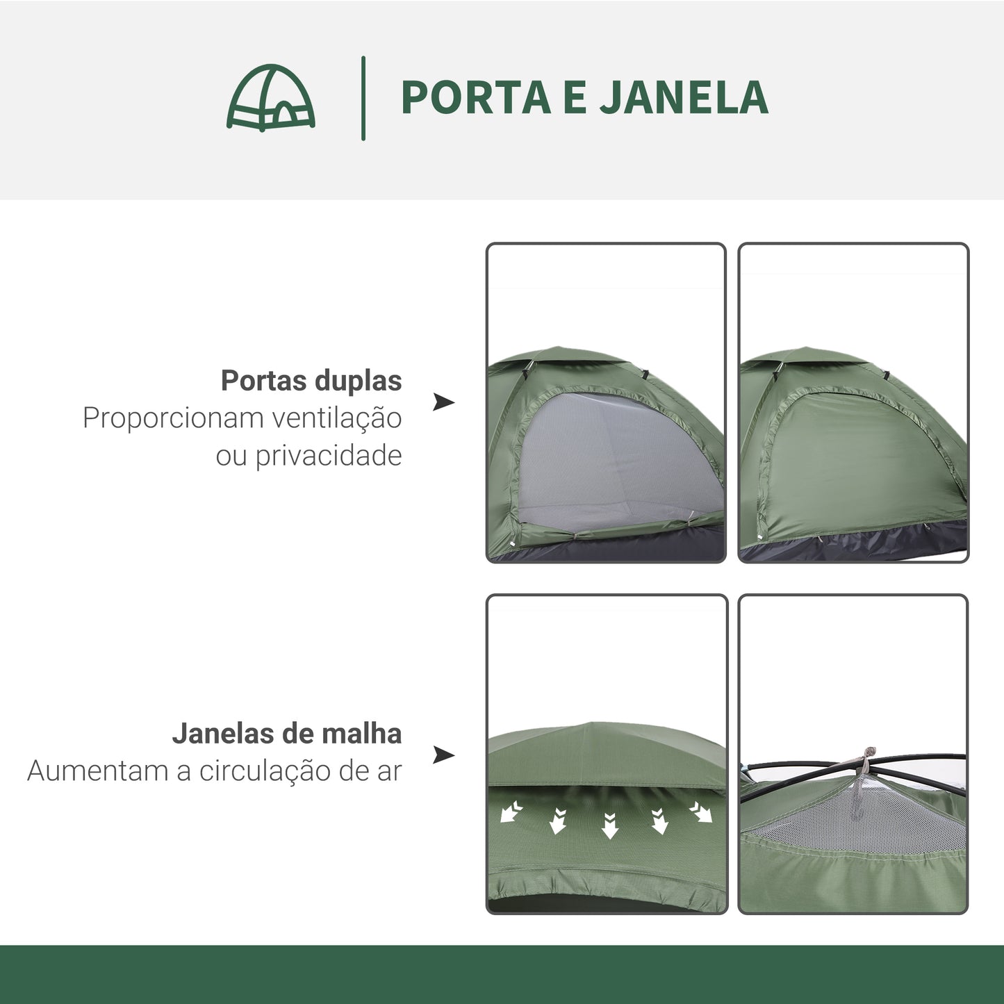 Outsunny Tenda de Campismo para 2 Pessoas Tenda de Campismo Dobrável com 2 Janelas de Malha Bolso Interior Bolsa de Transporte e Estrutura de Fibra de Vidro 206x152x110 cm Verde