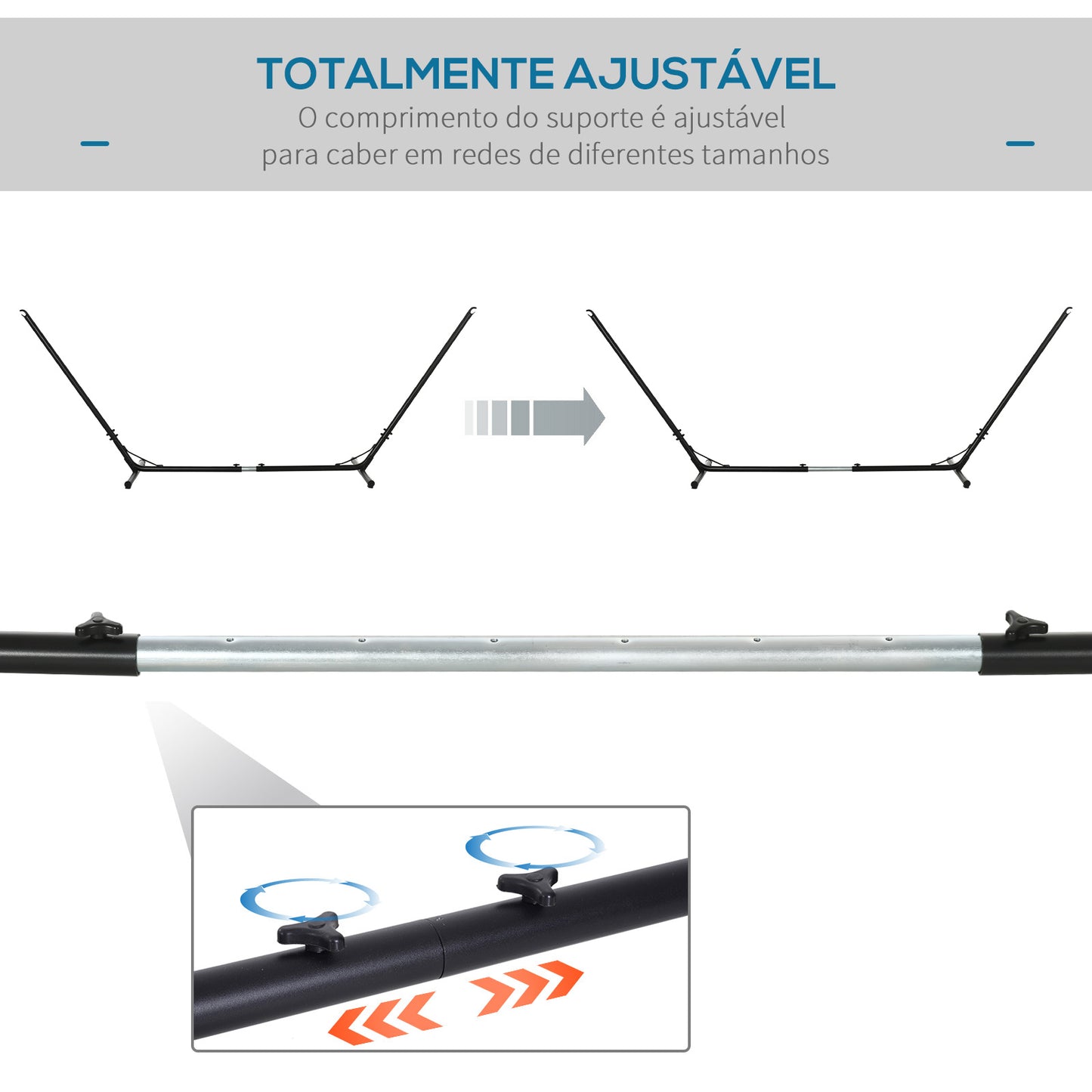 Outsunny Suporte para rede de jardim ajustável no comprimento 313-388x109x116 cm com bolsa de transporte Estrutura metálica para interior e exterior Máx. 120 kg