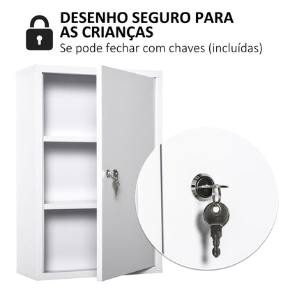 kleankin Armário Farmácia de Parede de Armário para Medicamentos de Metal com 3 Prateleiras de Armazenamento e Fechadura com 2 Chaves para Casa de Banho Cozinha 40x18x60cm Branco