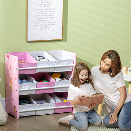 ZONEKIZ Estante para Brinquedos com 9 Caixas de Tecido não Tecido Amovíveis Organizador de Brinquedos para Dormitório Escola Infantil 63x30x60 cm Rosa