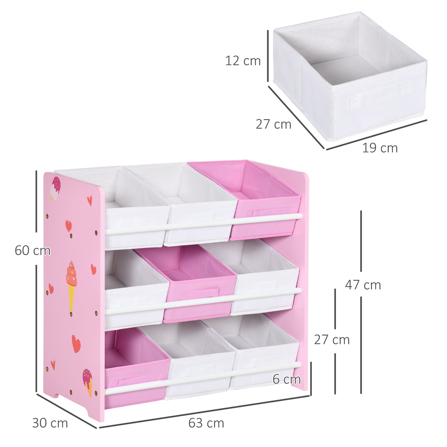 ZONEKIZ Estante para Brinquedos com 9 Caixas de Tecido não Tecido Amovíveis Organizador de Brinquedos para Dormitório Escola Infantil 63x30x60 cm Rosa