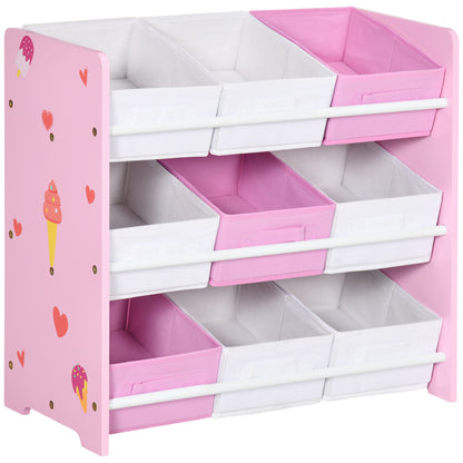 ZONEKIZ Estante para Brinquedos com 9 Caixas de Tecido não Tecido Amovíveis Organizador de Brinquedos para Dormitório Escola Infantil 63x30x60 cm Rosa