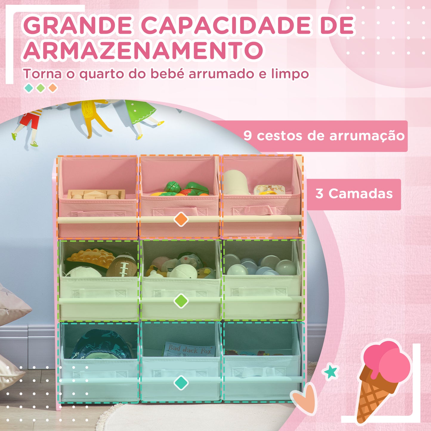 ZONEKIZ Estante para Brinquedos com 9 Caixas de Tecido não Tecido Amovíveis Organizador de Brinquedos para Dormitório Escola Infantil 63x30x60 cm Rosa