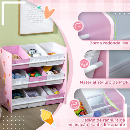 ZONEKIZ Estante para Brinquedos com 9 Caixas de Tecido não Tecido Amovíveis Organizador de Brinquedos para Dormitório Escola Infantil 63x30x60 cm Rosa