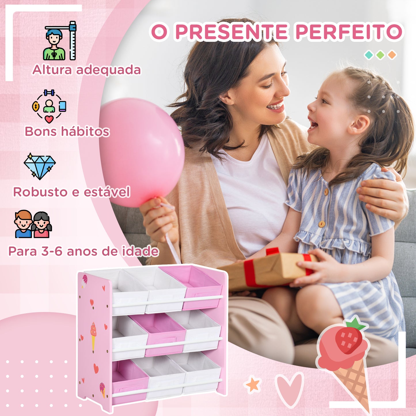 ZONEKIZ Estante para Brinquedos com 9 Caixas de Tecido não Tecido Amovíveis Organizador de Brinquedos para Dormitório Escola Infantil 63x30x60 cm Rosa