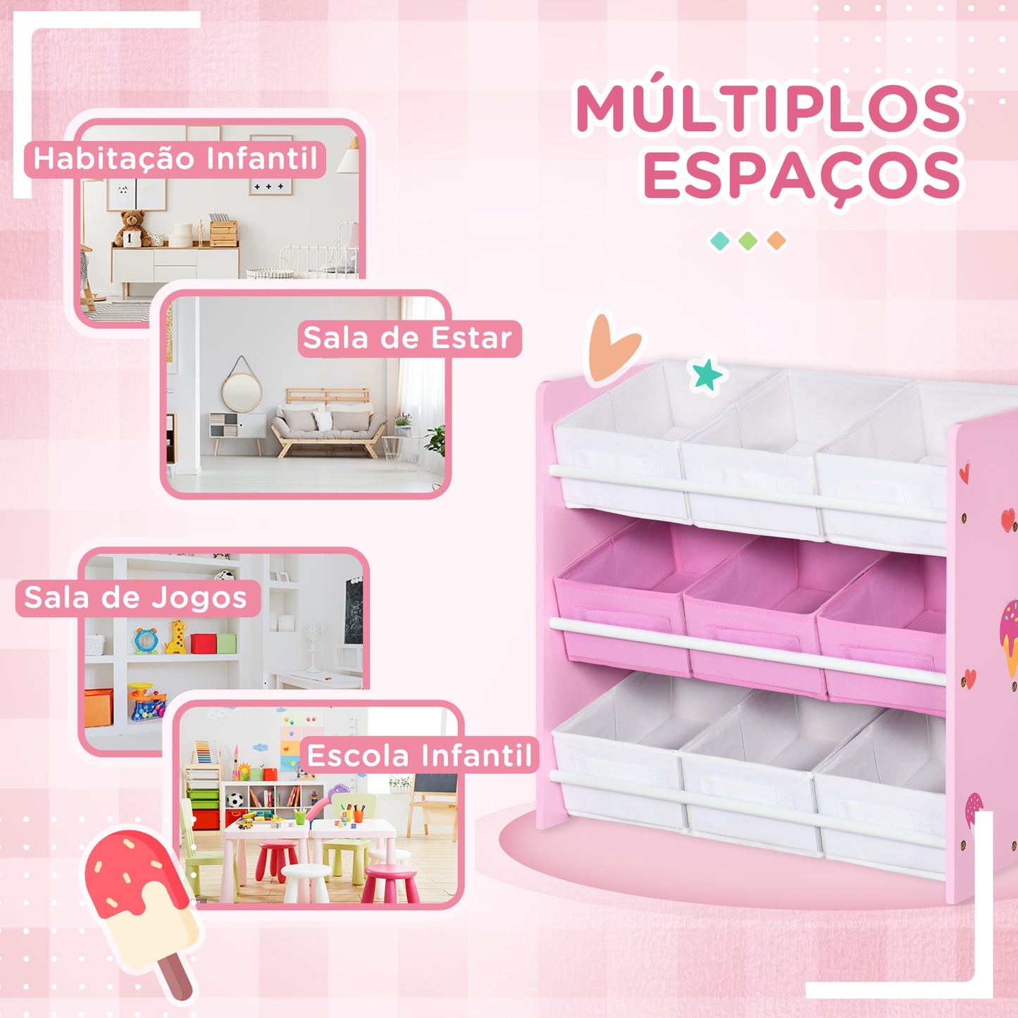 ZONEKIZ Estante para Brinquedos com 9 Caixas de Tecido não Tecido Amovíveis Organizador de Brinquedos para Dormitório Escola Infantil 63x30x60 cm Rosa