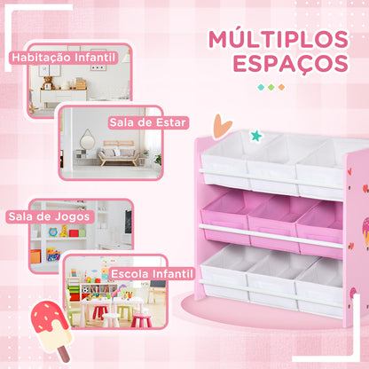 ZONEKIZ Estante para Brinquedos com 9 Caixas de Tecido não Tecido Amovíveis Organizador de Brinquedos para Dormitório Escola Infantil 63x30x60 cm Rosa