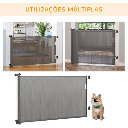 PawHut Barreira de Segurança para Cães Extensível 0-150cm Porta de Proteção Retrátil para Animais de Estimação Barreira para Escadas e Corredores Liga de Alumínio 165x10,7x85cm Cinza