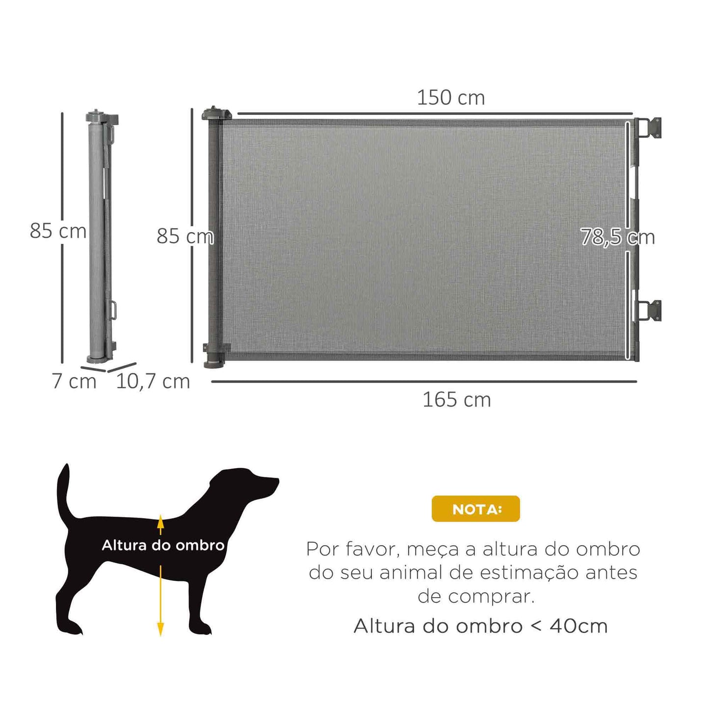 PawHut Barreira de Segurança para Cães Extensível 0-150cm Porta de Proteção Retrátil para Animais de Estimação Barreira para Escadas e Corredores Liga de Alumínio 165x10,7x85cm Cinza