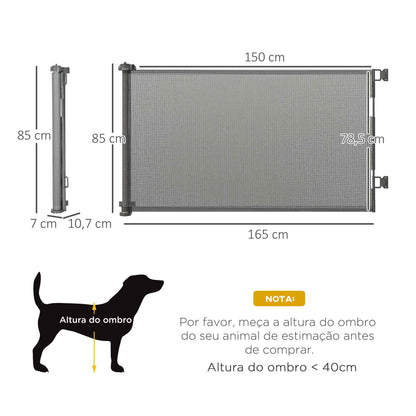 PawHut Barreira de Segurança para Cães Extensível 0-150cm Porta de Proteção Retrátil para Animais de Estimação Barreira para Escadas e Corredores Liga de Alumínio 165x10,7x85cm Cinza