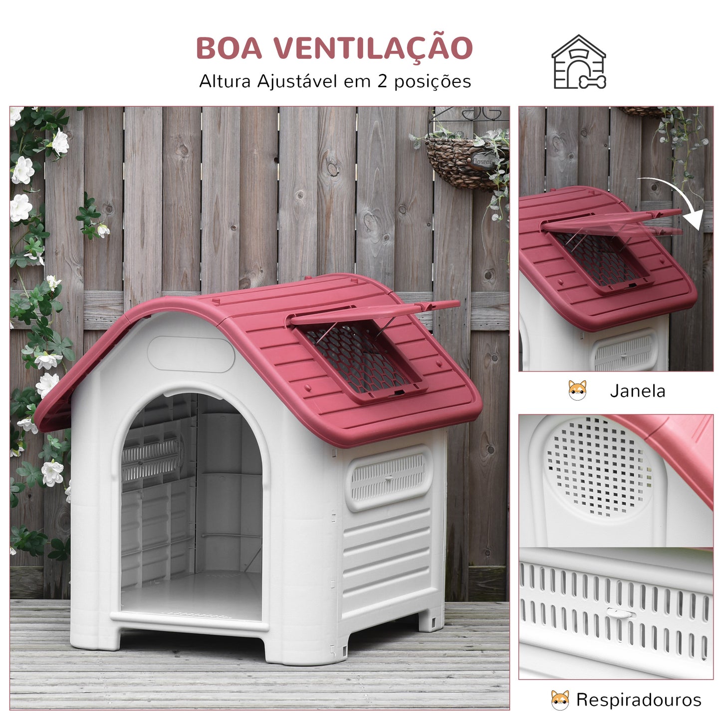 PawHut Casota para Cães com Porta Removível Base Elevada 3 Respiradouros e Janela para Interior e Exterior 72x87x75cm Cinza e Vermelho