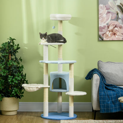 PawHut Arranhador para Gatos Grande de 155 cm Torre para Gatos com Postes de Sisal Caverna Cama Rede e Bola de Brinquedo Ø54,5x155 cm Branco e Azul