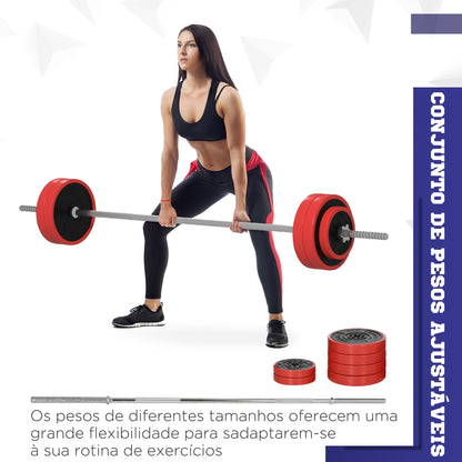 SPORTNOW Conjunto de Barra de Pesos 30 kg com Discos Conjunto de Musculação com 6 Discos e 1 Barra para Treino de Força Levantamento de Pesos em Casa Ginásio Escritório 170x26x26 cm Vermelho