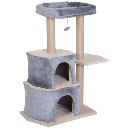 PawHut Arranhador para Gatos Árvore Arranhador para Gatos com 2 Casas Plataformas Brinquedo Suspenso e Postes de Arranhar de Sisal 60x40x92cm Cinza