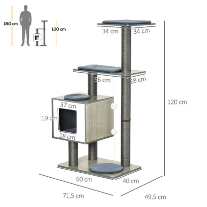 PawHut Árvore Arranhadora para Gatos de Madeira 71,5x49,5x120cm Torre para Gatos com Caverna Plataformas Postes Arranhadores de Sisal Almofadas de Pelúcia Suave e Bolas Suspensas Cinza