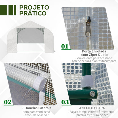 Outsunny Estufa Tipo Túnel de Jardim 600x300x200cm para Cultivo de Plantas Verduras com 8 Janelas e Porta Enroláveis com Zíper Aço Branco