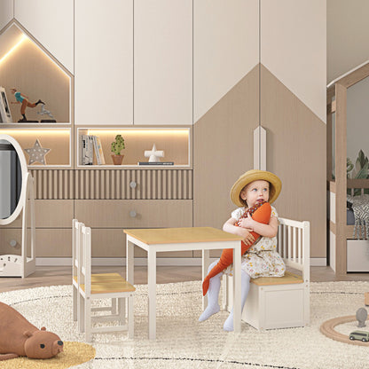 Conjunto Infantil de Mesa 2 Cadeiras e Banco com Armazenamento Móveis Infantil para Sala de Jogos Dormitório Branco e Natural