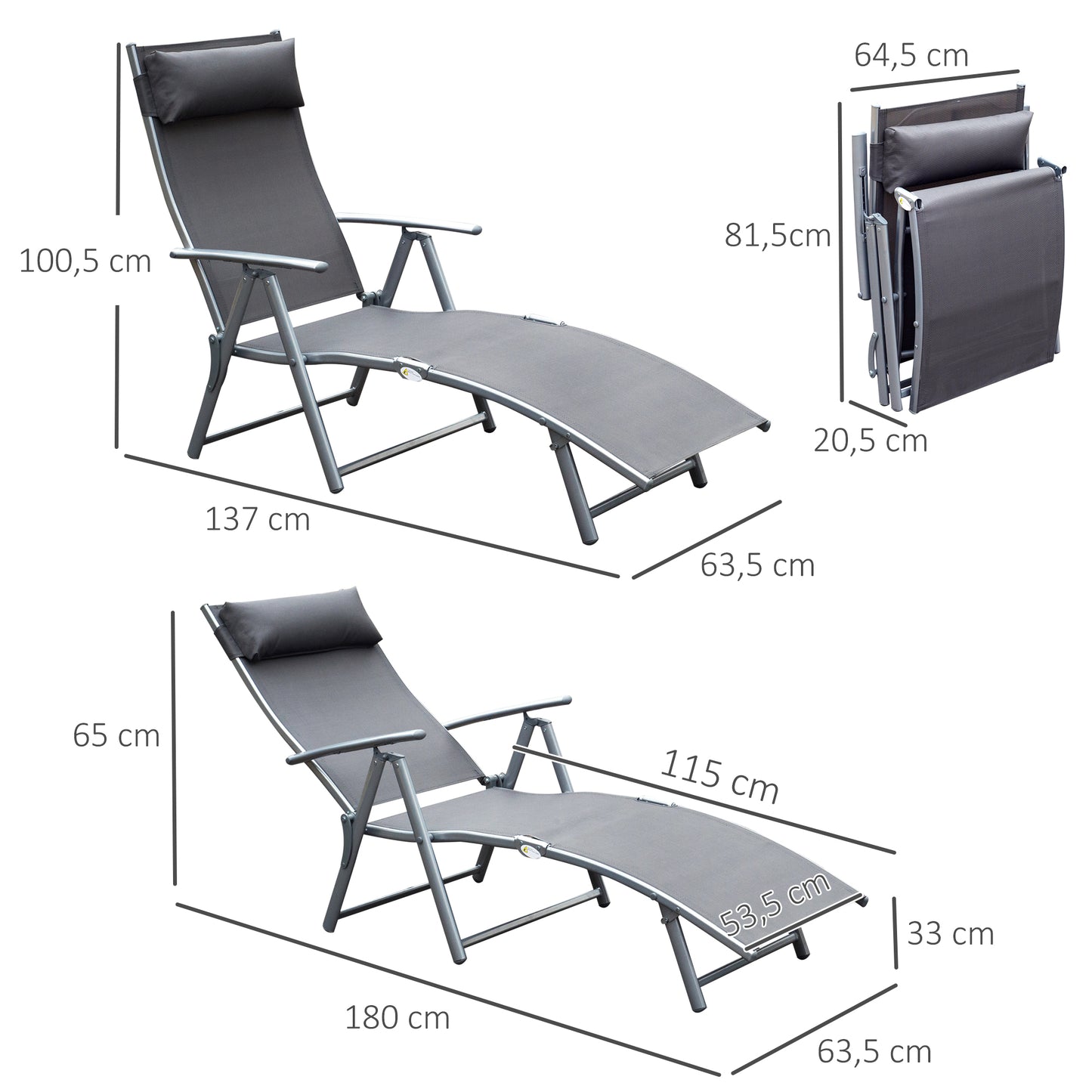 Outsunny Espreguiçadeira Dobrável de Jardim com Encosto Ajustável em 7 Posições Apoio para a Cabeça para Terraço Piscina Exterior Carga Máxima 165kg 137x63,5x100,5cm Cinza