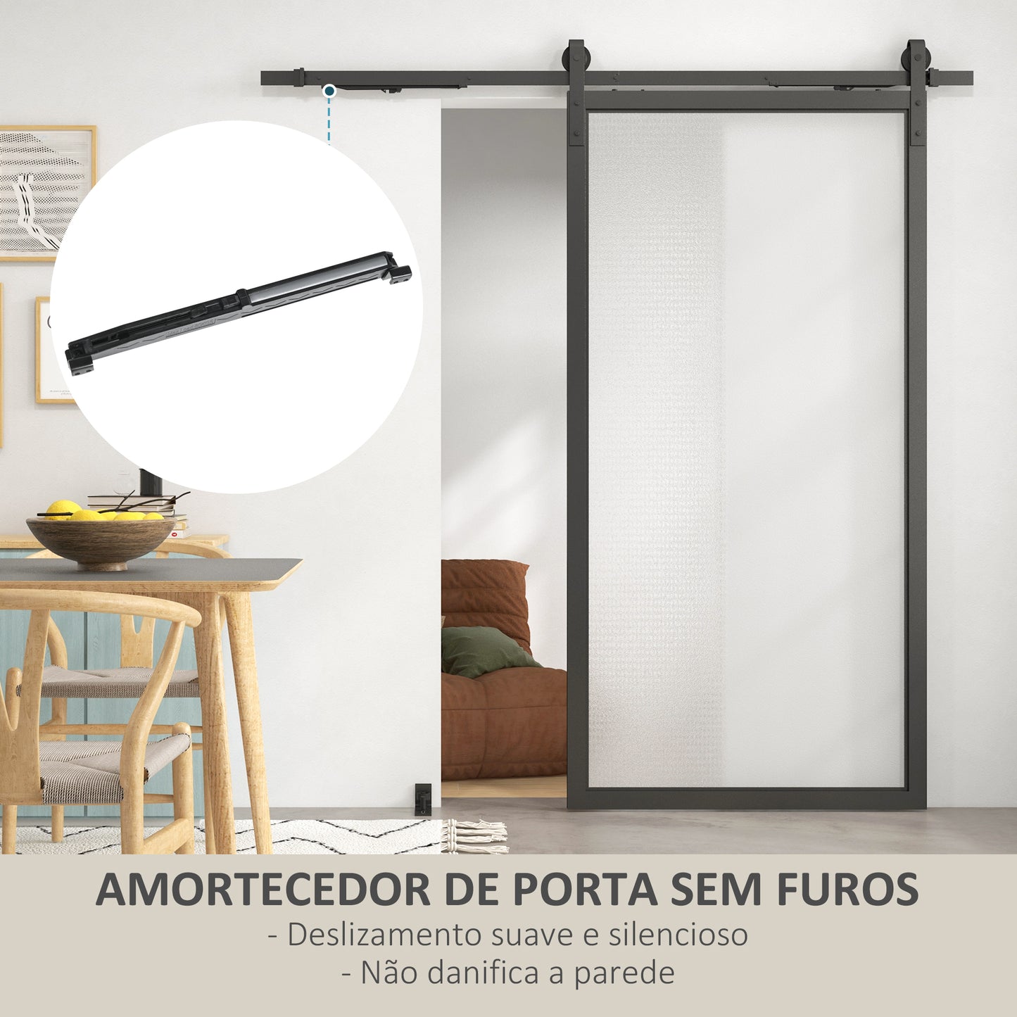 HOMCOM 6.6FT/200cm Kit de ferragens para porta deslizante com amortecedor sem perfuração Kit de ferragens para porta deslizante com 2 trilhos para celeiro preto