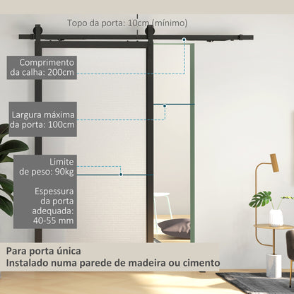 HOMCOM 6.6FT/200cm Kit de ferragens para porta deslizante com amortecedor sem perfuração Kit de ferragens para porta deslizante com 2 trilhos para celeiro preto