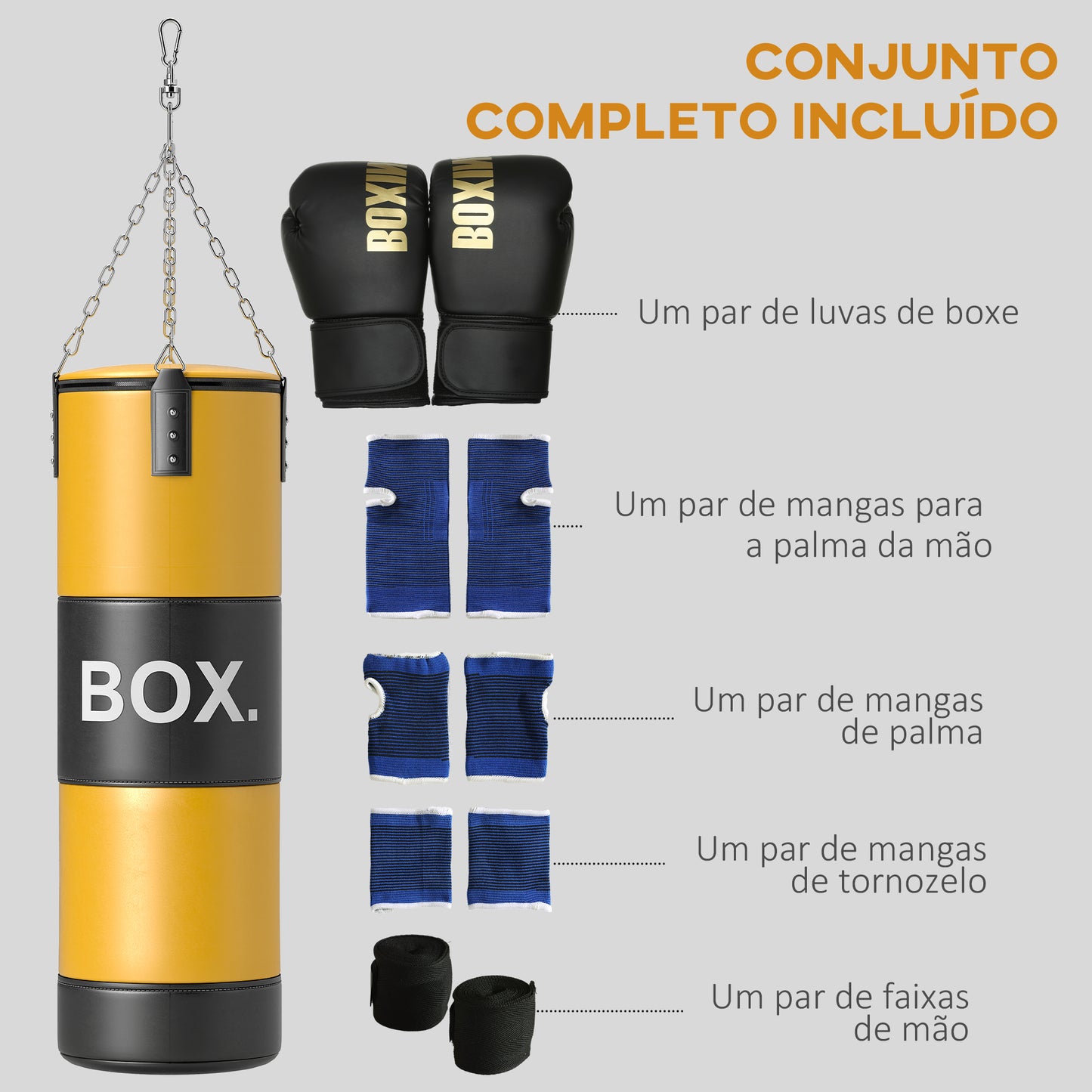 SPORTNOW Saco de Boxe sem Recheio Saco de Boxe para Adultos com Luvas de Boxe Gancho e Protetores para Palmas Munhecas Tornozelos para Treino MMA Muay Thai Amarelo