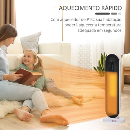 HOMCOM Aquecedor Cerâmico de Torre 1200W/2000W com Controle Remoto Termostato Temporizador de 24h e Sistema Anti-Rolamento para Sala de 20m² 21x21x63,5cm Branco e Preto