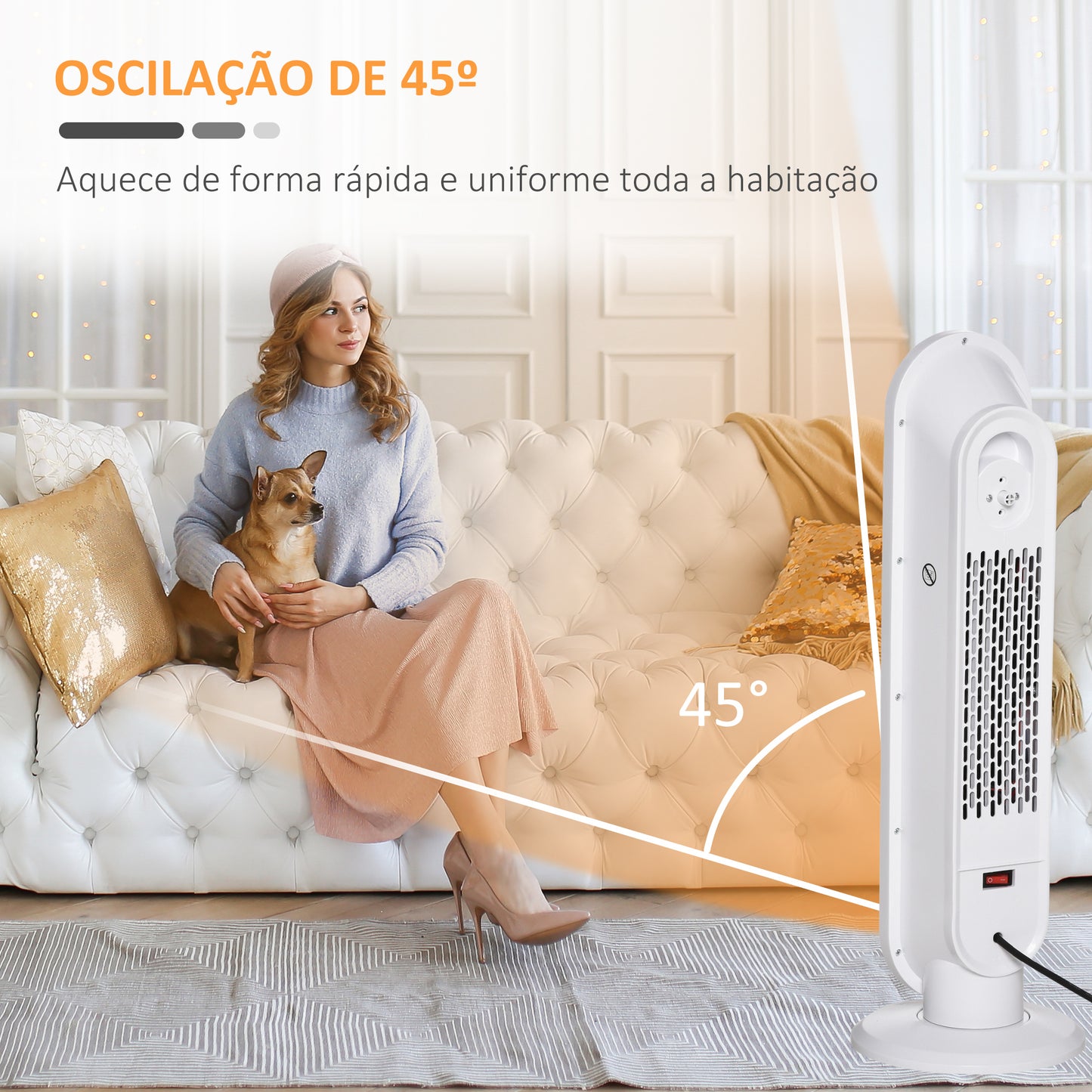 HOMCOM Aquecedor Cerâmico de Torre 1200W/2000W com Controle Remoto Termostato Temporizador de 24h e Sistema Anti-Rolamento para Sala de 20m² 21x21x63,5cm Branco e Preto